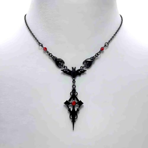 Slip Chain Choker for Women Handmade Black Stainless Steel Cuban Chain Chunky Moon Bat Raven Skull Pendant Gothic Punk Rock Collar Adjustable Lariat Y Necklace for Men - style: Bat cross