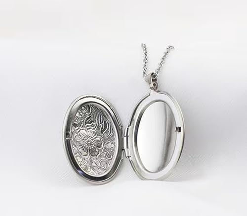 YOUFENG Oval Round Flower Locket Necklace that Holds Pictures Photo Locket Pendant - style: Oval Silver-plated