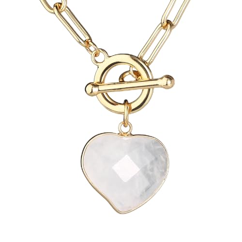 14K Gold Plated Two Sides Carved Stone Heart Shape Necklace for Women Love Pendant Necklace Jewelry for Daily and Gifts - color: pink quartz