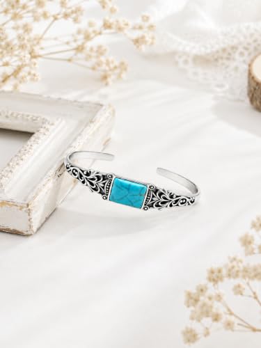 Native American Genuine Turquoise Cuff Bracelet for Women, 925 Sterling Silver Turquoise Boho Bangle, Adjustable Open Cuff Fits 6-7.5 Inches - style: Rectangle Turquoise