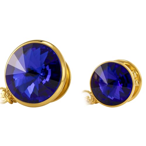 HAWSON Birthstone Brooch Pin for Men with Hanging Chain & Crystal, Mens Gold Tone Lapel Pin for Wedding/Birthday/Party Dress Suits Accessories - color: September Sapphire