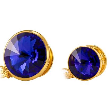 HAWSON Birthstone Brooch Pin for Men with Hanging Chain & Crystal, Mens Gold Tone Lapel Pin for Wedding/Birthday/Party Dress Suits Accessories - color: September Sapphire