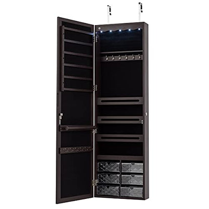 CHARMAID Jewelry Cabinet Armoire, Wall Mount Door Hanging, Lockable Jewelry Organizer with 47.5'' Full Length Mirror, 5 Lights, Large Jewelry Storage Box with 6 Acrylic Drawers (Brown)