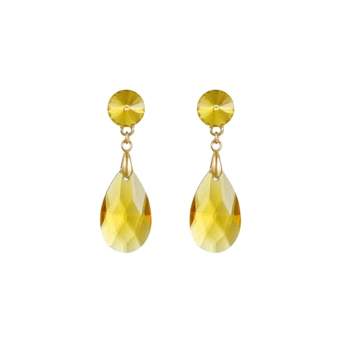 Round and Teardrop Crystal Stud Dangle Earrings Hypoallergenic Gold Plated Birthstone Drop Earrings Trendy Evening Prom Pageant Jewelry Gift for Women - color: yellow