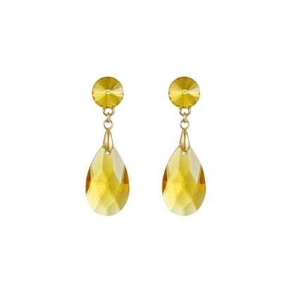 Round and Teardrop Crystal Stud Dangle Earrings Hypoallergenic Gold Plated Birthstone Drop Earrings Trendy Evening Prom Pageant Jewelry Gift for Women - color: yellow