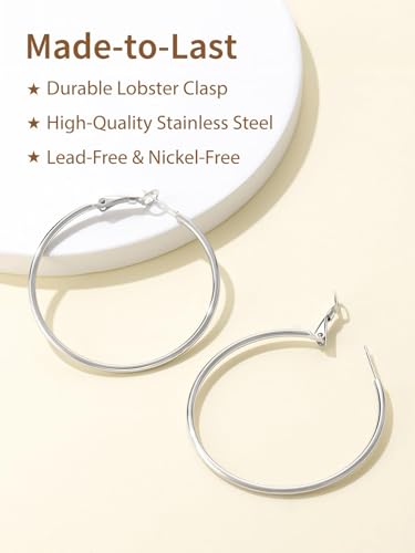 FindChic Thin Hoop Earrings for Women,Silver/Black/Gold Plated 20-100mm - color: Silver, size: 50mm