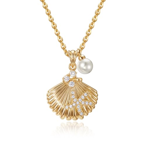 MTMY Gold Starfish Necklace 14K Gold Plated Shell Conch Ocean Pendant Necklace for Women Beach Summer Jewelry - style: pearl seashell