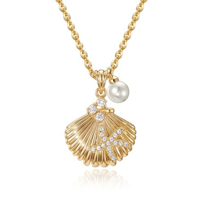 MTMY Gold Starfish Necklace 14K Gold Plated Shell Conch Ocean Pendant Necklace for Women Beach Summer Jewelry - style: pearl seashell