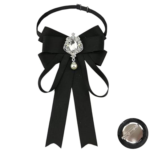 Fashion Ribbon Bow Tie Brooch Pins for Women Girls Crystal Pearl Uniform Pre-Tied Bowknot Corsage Party Ceremony Accessories - color: 117-Black