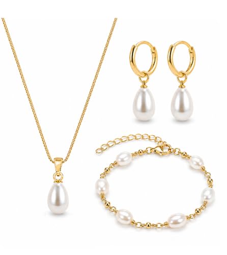 3Pcs Women's Gold Pearl Jewelry Set – 14K Gold-Plated Necklace Earrings And Bracelet Combo Includes An Exquisite Pearl Pendant Necklace Pearl Drop Earrings And An Adjustable Bracelet Perfect For Weddings Or As A Jewelry Gift For Her