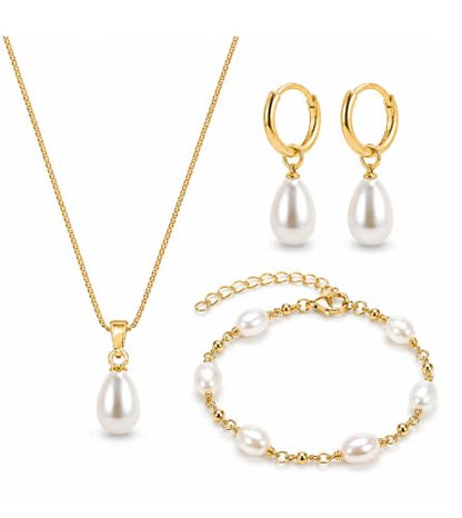 3Pcs Women's Gold Pearl Jewelry Set – 14K Gold-Plated Necklace Earrings And Bracelet Combo Includes An Exquisite Pearl Pendant Necklace Pearl Drop Earrings And An Adjustable Bracelet Perfect For Weddings Or As A Jewelry Gift For Her