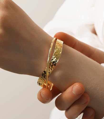 OZEL – Women’s Gold Cuff Bracelets – 18K Gold Plated Textured Bangles with Multi-Color Crystal & Rhinestone Accents – Layered Stacking Jewelry - color: 200705