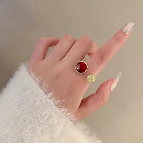 Round Red and Crystal Stone Statement Ring for Women Gold Plated Adjustable Expandable Retro CZ Open Wrap Finger Rings Comfort Fit Vintage Boho Wedding Christmas Anniversary Jewelry