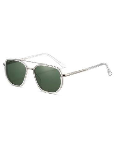 kimorn Women's Square Aviator Sunglasses, Polarized UV400 Pretecion | Retro Frame Shades, Small-Medium Fit, Driving, Beach, Daily Wear - color: Clear Green