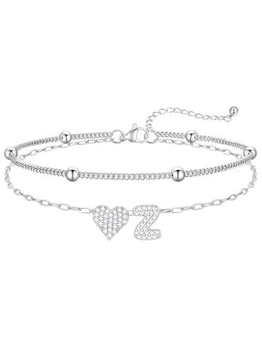 FaithHeart Initial Ankle Bracelets for Women Waterproof, Silver/Black/14k Gold Plated CZ Heart Initial Anklets Non Tarnish Stainless Steel Anklets for Women - color: Silver, size: Z