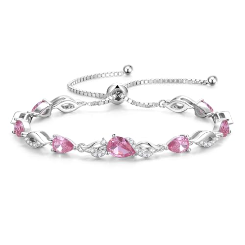 FANCIME Birthstone Teardrop Tennis Bracelet for Women, Sterling Silver 9x7mm main Gemstone Bolo Adjustable Chain Bracelet Fine Jewelry Birthday Gifts for Women Mom Wife Her - color: 10-Pink Tourmaline