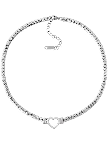 Sacina Heart Choker, Stainless Steel Necklace, Choker Necklaces for Women, Chunky Heart Necklace, Valentine Gift, Christmas Jewelry Gift - color: silver