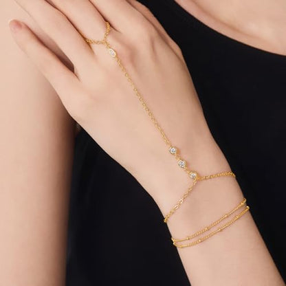 Cicy Bell Hand Chain Bracelets for Women 18K Gold Plated | Layered Stackable Dainty Ring Bracelets, Adjustable Satellite Bead Dot Link Finger Bracelets - color: Style D-Gold
