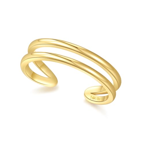 PLOMFOV 14K Gold Filled Gold Toe Rings for Women Adjustable Toe Rings Non Tarnish Solid 14K Real Gold Toe Ring - style: Double Line