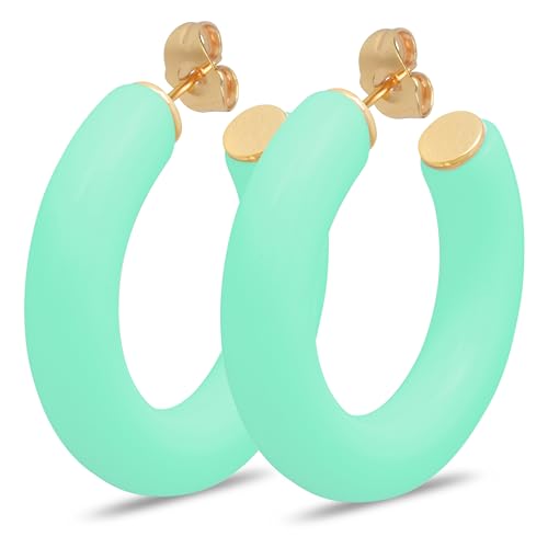 Gold Plated Multicolor Resin Chunky Thick Open Hoop Earrings in 57MM and 37.5MM Diameters - color: Green - Mint Green - Matte Finish, size: 37.5MM (1.48") Diameter