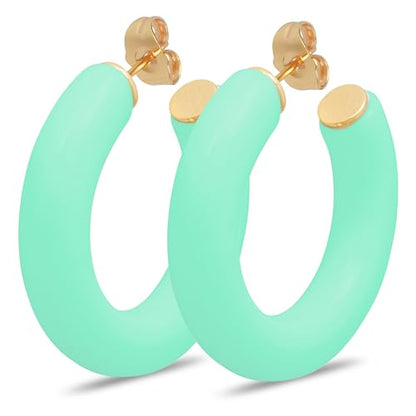 Gold Plated Multicolor Resin Chunky Thick Open Hoop Earrings in 57MM and 37.5MM Diameters - color: Green - Mint Green - Matte Finish, size: 37.5MM (1.48") Diameter