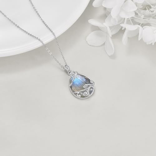 YAFEINI 925 Sterling Silver Moonstone Necklace Filigree Teardrop Pendant Necklace Jewelry for Women Girls - color: AA-Labradorite Filigree Necklace