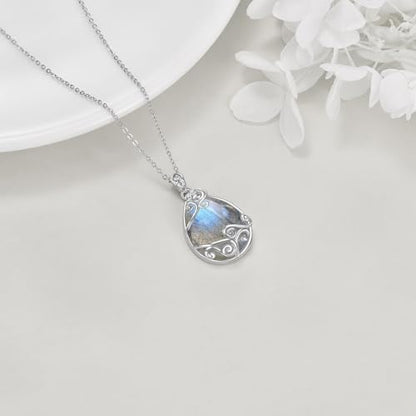YAFEINI 925 Sterling Silver Moonstone Necklace Filigree Teardrop Pendant Necklace Jewelry for Women Girls - color: AA-Labradorite Filigree Necklace