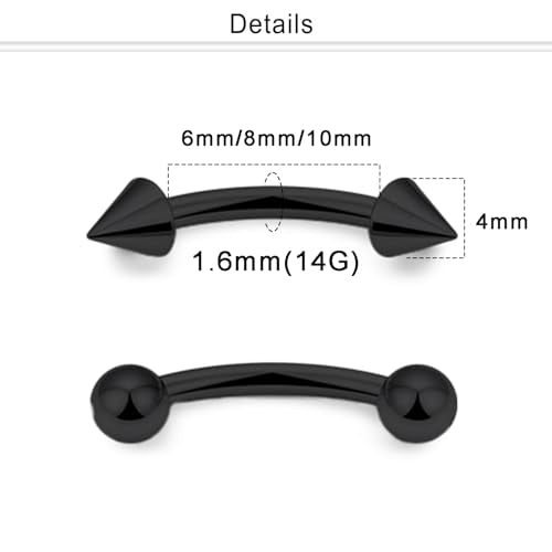 Eyebrow Piercing Jewelry Internally Threaded Surgical Steel Curved Barbell Tiny Eyebrow Ring Vertical Labret Lip Jewelry Ear Rook Navel Small Belly Button Ring for Women Men 18g 16g 14g - color: black,14g