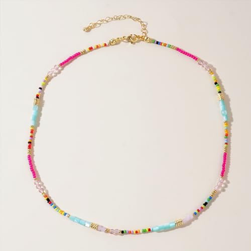 Gold Seed Beaded Necklaces for Women, Boho Handmade Adjustable Colorful Beads Choker Summer Beach Jewelry Gift. - color: Jade Bead