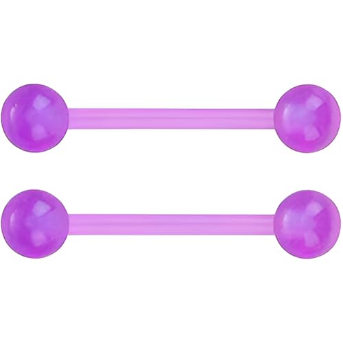 Glow in the Dark Barbell Piercing Kit for Women Men Acrylic Cute Nipple Bars Hypoallergenic 14 G Tongue Piercings Ring Set Long Body Jewelry Flexible Jewellery 2 pcs Size 16 MM - color: Purple