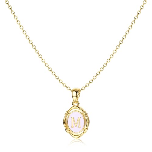 14K Gold Plated Initial Necklaces for Women, Letter Charm Pendant Necklace | Dainty Oval White Enamel Personalized Name Necklace, Trendy Jewelry with 16 inches Chain and 2 inches Extender - color: M