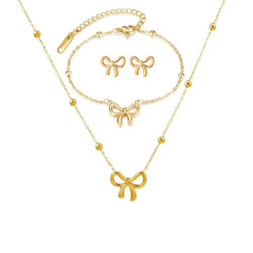 Gold Bow Bracelets Dainty Gold Plated Chain Bracelets Necklaces Set Ribbon Choker Bracelets Necklaces Trendy Jewelry Gifts for Women - color: Bow Set