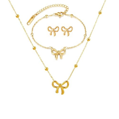 Gold Bow Bracelets Dainty Gold Plated Chain Bracelets Necklaces Set Ribbon Choker Bracelets Necklaces Trendy Jewelry Gifts for Women - color: Bow Set