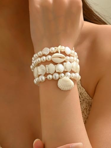 Pearl Bracelets for Women Simulated Pearl Beaded Bracelet White Pearls Stackable Stretch Bracelet Set Multilayered Elastic Pearls Bracelets for Women Bridesmaid Bridal Jewelry - color: shell