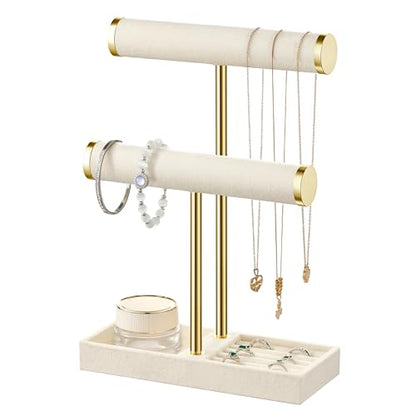 bussdis 2 Tier Bracelet Holder Display, Necklace Holder Organizer, Beige | Velvet Necklace Holder | Jewelry Tree | Jewelry Towers | Jewelry Stand Organizer for Necklaces, Bracelets, Earrings, Rings - color: Beige
