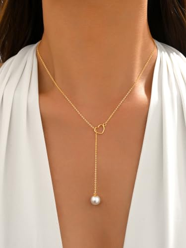 Heart Pearl Y Drop Lariat Long Necklace for Women | 925 Sterling Silver 14K Gold Plated Prom Wedding Bridal Necklace Cute Dainty Layered Dangle Necklace Summer Jewelry - color: Gold