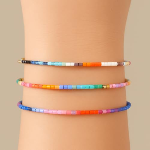Seed Beaded String Rope Adjustable Bracelets Set for Women Men, Small Colorful Boho Rice 3Pcs Stack Handmade Thin Jewelry, Daily Beach Vacation Friendship Gift - color: Blue Colorful B