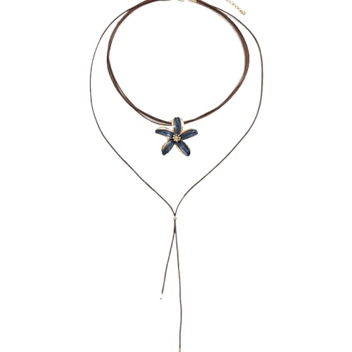 Bohemian Flower Necklace Layered Colorful Flower Floral Long Necklace for Women Leather Cord Lariat Y Necklaces Boho Jewelry Gift Trendy - color: blue