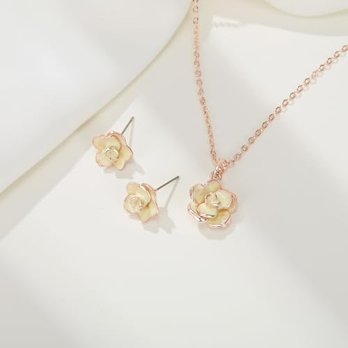 EleQueen Rose Flower Necklace Earrings Bracelet Set for Women - color: Light Yellow-Rose Gold-Tone