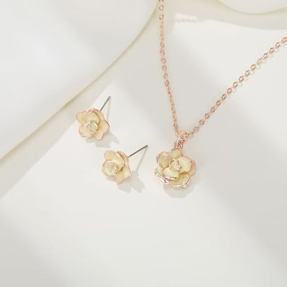 EleQueen Rose Flower Necklace Earrings Bracelet Set for Women - color: Light Yellow-Rose Gold-Tone