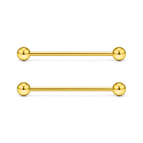 16G 14G Surgical Steel Tongue Rings Nipple Rings Industrial Piercing Jewelry Set Multi Size Straight Barbells 12mm 14mm 16mm 19mm 22mm 28mm 32mm 35mm 38mm 40mm 45mm for Women Men - color: goldtone, size: 14g,bar length 32mm