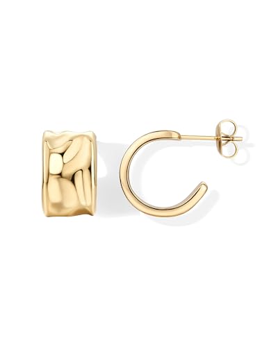 PAVOI Waterproof Hoop Earrings for Women, 14K Gold Plated Chunky Earrings | Statement Huggie Hoops - Stainless Steel Dome, Square, Twisted Earrings Bold Jewelry - color: Yellow Gold