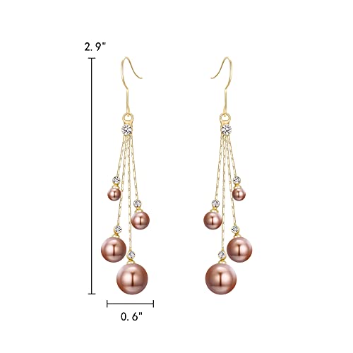 EleQueen Women's Silver-tone Crystal Simulated Pearl 4 Chain Bridal Long Dangle Hook Earrings Ivory Color - color: A-Brown Gold-Tone