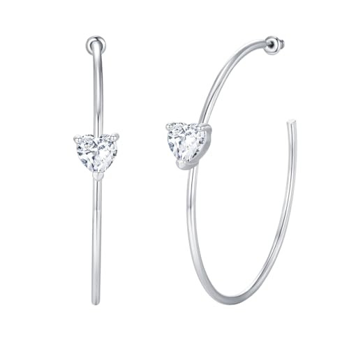 Large Gold Hoop Earrings for Women 14k Gold Plated with 925 Sterling Silver Post Big Open Hoops Earrings Trendy Cubic Zirconia Heart Hoop Earrings Jewelry Gifts for Women - color: silver 40mm