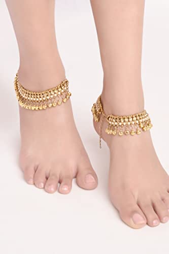 Efulgenz Indian Ankle Bracelet Pair Faux Kundan Pearl Ghungroo Anklet Set