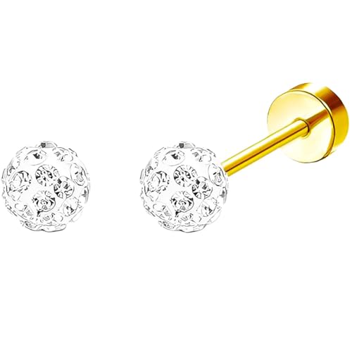 Stainless Steel Stud Earring 1 Pair Gold Flatback Earrings Hypoallergenic Screwback Jewellery Flat Back Helix Jewelry for Sensitive Ears Women Ladies Aretes De Mujer - style: Zircon Sphere