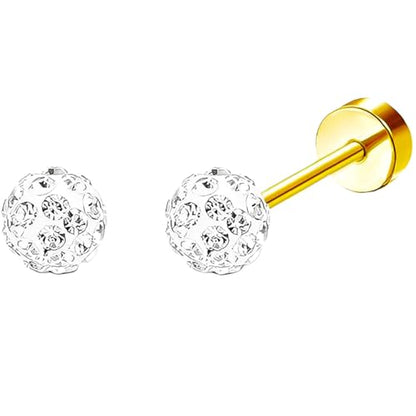 Stainless Steel Stud Earring 1 Pair Gold Flatback Earrings Hypoallergenic Screwback Jewellery Flat Back Helix Jewelry for Sensitive Ears Women Ladies Aretes De Mujer - style: Zircon Sphere