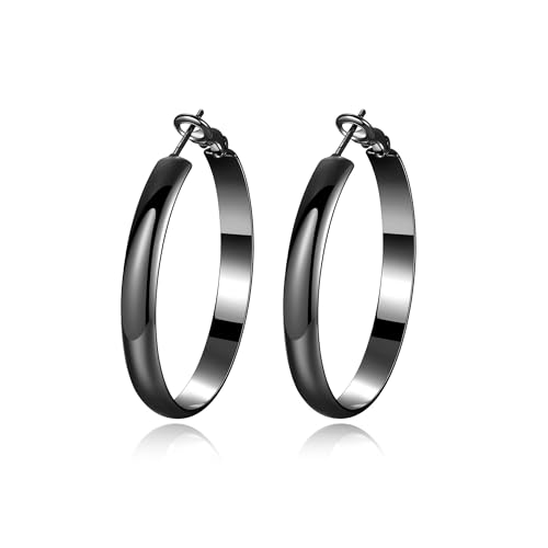 EXGOX 5mm Wide Gold Hoop Earrings for Women,Sterling Silver Hoop Earrings Large Silver Hoop Earrings Hypoallergenic Lightweight 14K Real Gold Plated Big Hoop Earrings for Women 30/40/50/60/70mm - color: Black Hoop-40mm