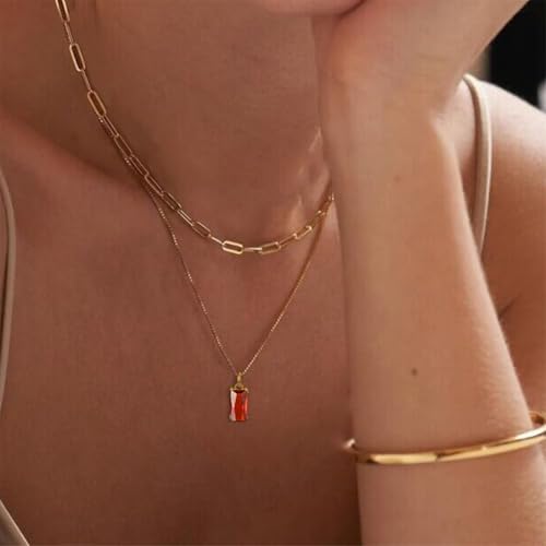 Dainty Gold Charm Necklaces for Women Non Tarnish, 14K Trendy Blue Green Cubic Zirconia Emerald Pendant Birthstone Necklaces Birthday Gifts for Women Waterproof Jewelry - color: 07-July(Ruby)