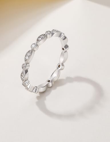 EAMTI 925 Sterling Silver Wedding Band for Women Cubic Zirconia Marquise & Round Milgrain Full Eternity Stackable Ring Size 3-13 - color: Brass-Silver